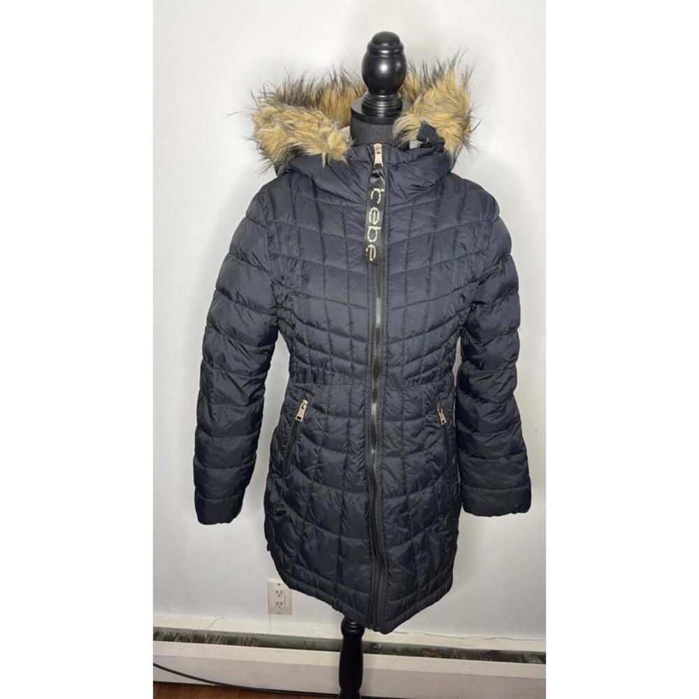 Bebe Quilted Puffer Jacket Sherpa Lined Faux Fur Hood Black M Gold Logo Zip Y2K